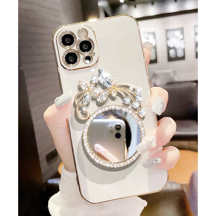 สําหรับ Apple iPhone 17 Air 16 16e 15 14 13 12 11 Pro Max 15 14 7 8 6 6s Plus X XR XS Max mini Square Bling เพชรดอกไม้กระจกชุบเคสโทรศัพท์นุ่มกลับคลุมทั้งหมดปลอก
