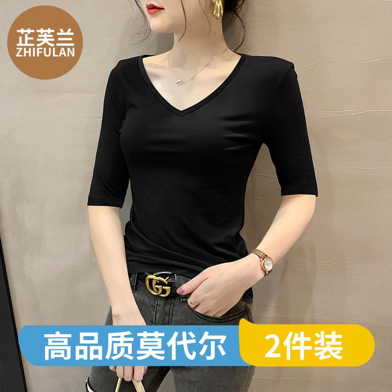 เสื้อคอวี แขนห้าส่วน แบบบาง เข้ารูป ขนาดใหญ่ สีดํา แฟชั่นฤดูใบไม้ผลิ และฤดูร้อน สําหรับผู้หญิง