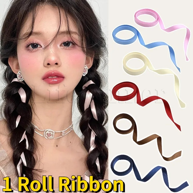 ยางรัดผมหางม้าถัก ริบบิ้นยาว หลากสี เครื่องประดับ สําหรับนักเรียนหญิง 1 ม้วน