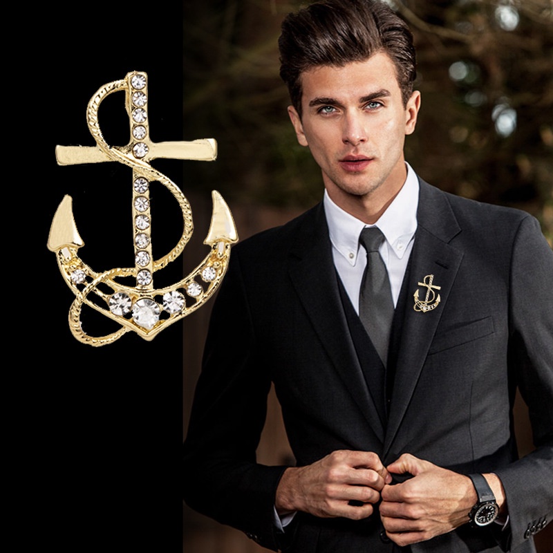 คริสตัล Rhinestone Anchor เข็มกลัดผู้ชาย Corsage Suit เครื่องประดับแฟชั่น Mens Suit Pin Badge