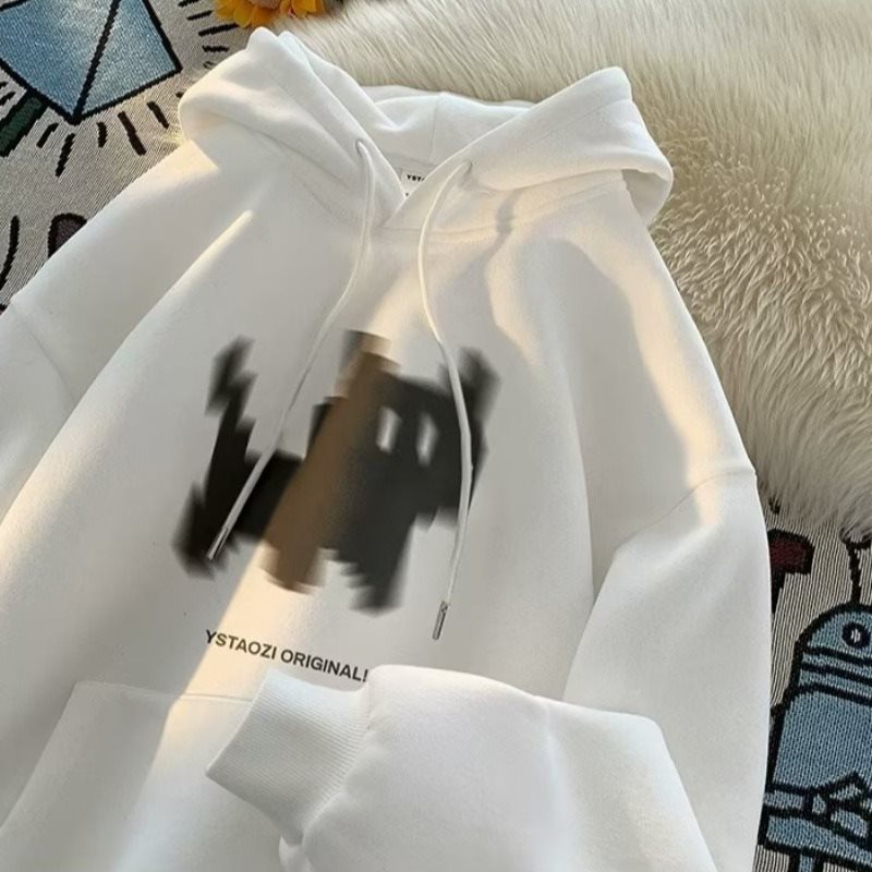 เสื้อกันหนาวแขนยาว มีฮู้ด พิมพ์ลายแมว ทรงหลวม สไตล์เกาหลี สําหรับผู้ชาย ไซซ์ M - 5XL มีสีดํา สีขาว สีกากี