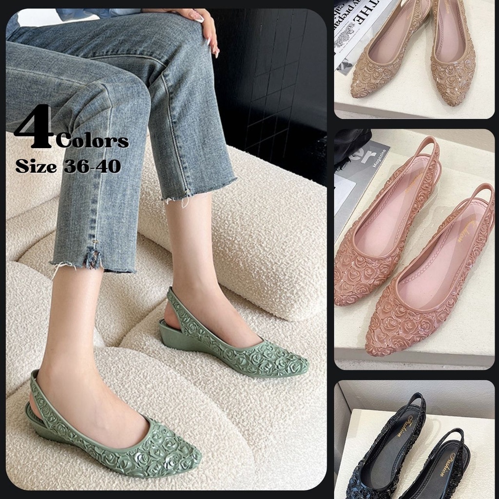 โกดัง KD24 รองเท้าคัชชูหัวแหลม ลายดอกกุหลาบ มีสายรัดส้น 4 สี เบอร์ 36-40 (19)