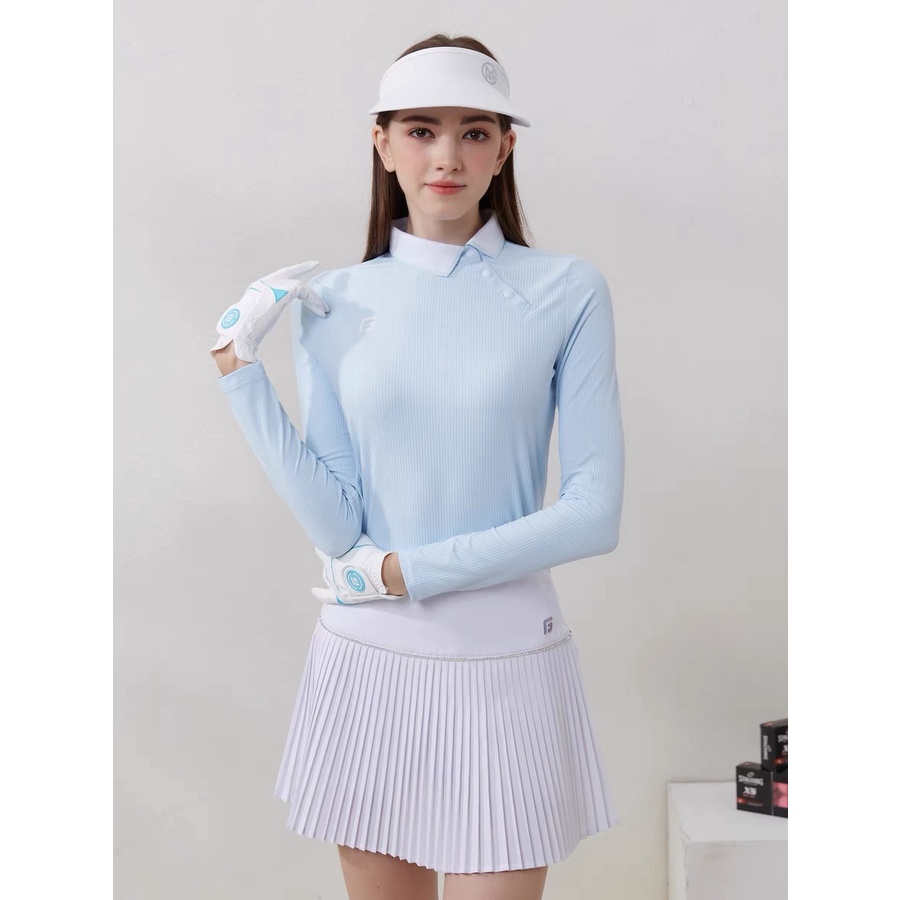 เสื้อยืดแขนยาว คอปก ผ้ายืด เข้ารูป ป้องกันการสัมผัส เหมาะกับใส่เล่นกีฬากอล์ฟกลางแจ้ง แฟชั่นฤดูใบไม้ร่วง สไตล์ฮากามะ สําหรับผู้หญิง