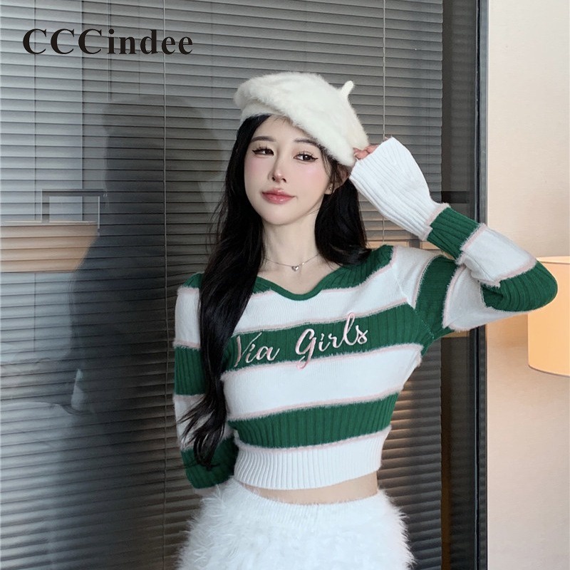 Cccindee เสื้อกันหนาว แขนยาว ปักลายทาง สีตัดกัน เข้ากับทุกการแต่งกาย แฟชั่นใหม่ สําหรับผู้หญิง 2023
