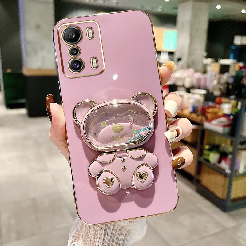 เคส infinix Zero 5G 2022 2023 Zero 20 X6821 X6815B X6815C โทรศัพท์มือถือ แบบกลิตเตอร์ในของเหลว ลายหมี พร้อมขาตั้ง หรูหรา สําหรั