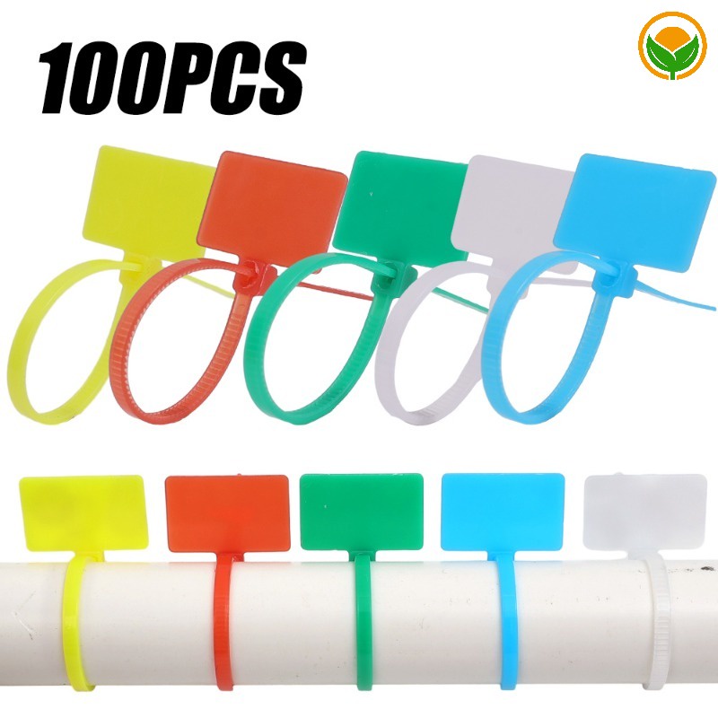 สายเคเบิ้ลไทร์ไนล่อน 100 ชิ้น พร้อมแท็กเขียนได้ / สายรัดซิปล็อคในตัว แบบพลาสติก