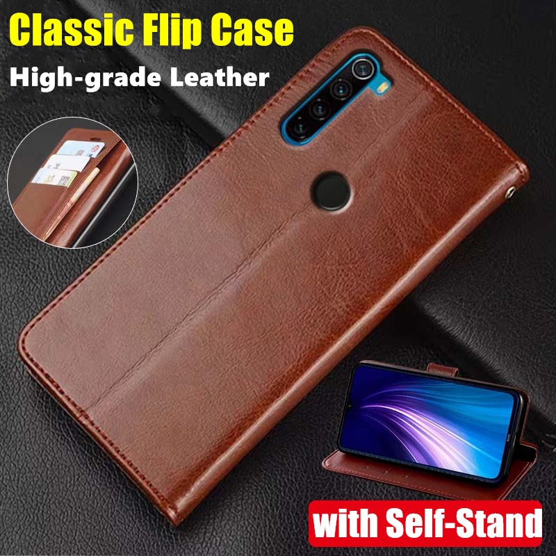 เคสหนังวัวแท้ ฝาพับ พร้อมช่องใส่บัตร ขาตั้ง สไตล์วินเทจ สําหรับ Xiaomi Redmi Note 8