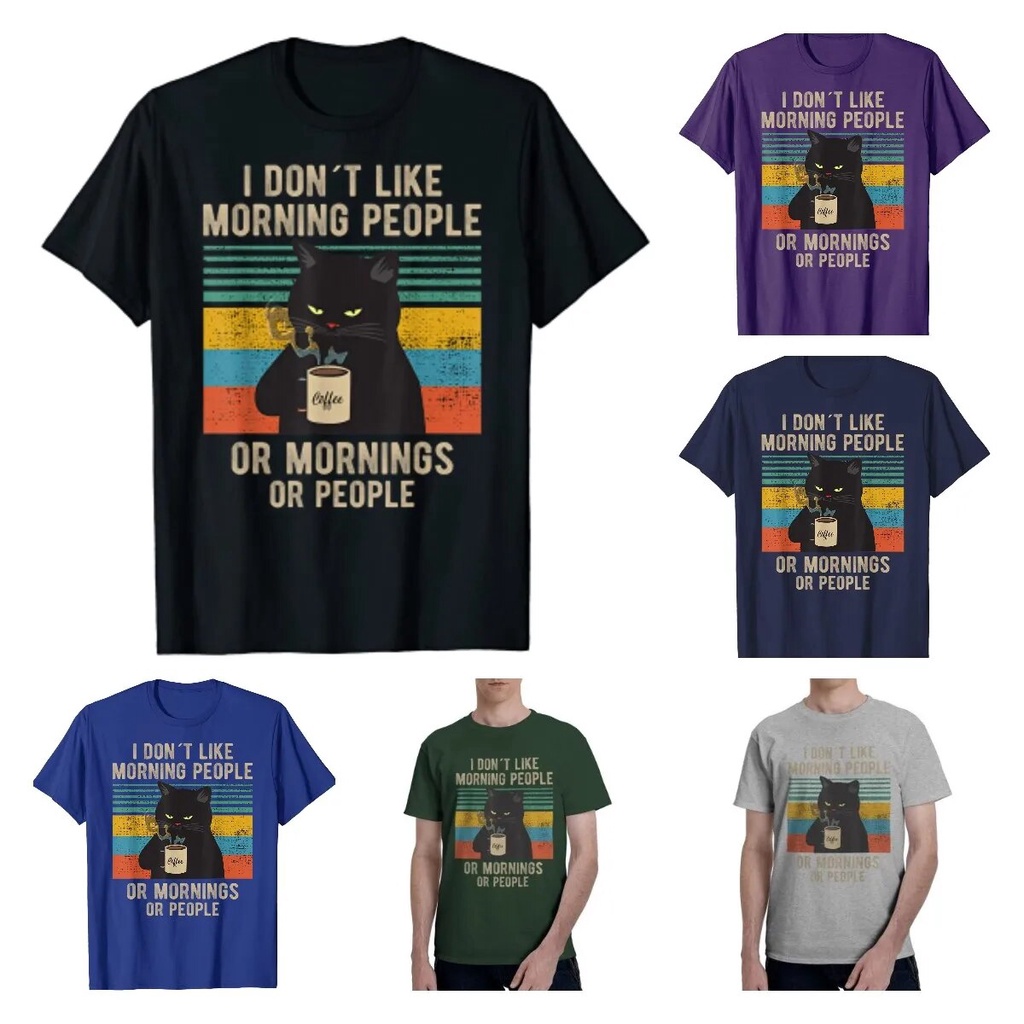 I Hate Morning People and Mornings and People Coffee Cat เสื้อยืดกราฟิก T เสื้อสําหรับชายวัยรุ่นลําล
