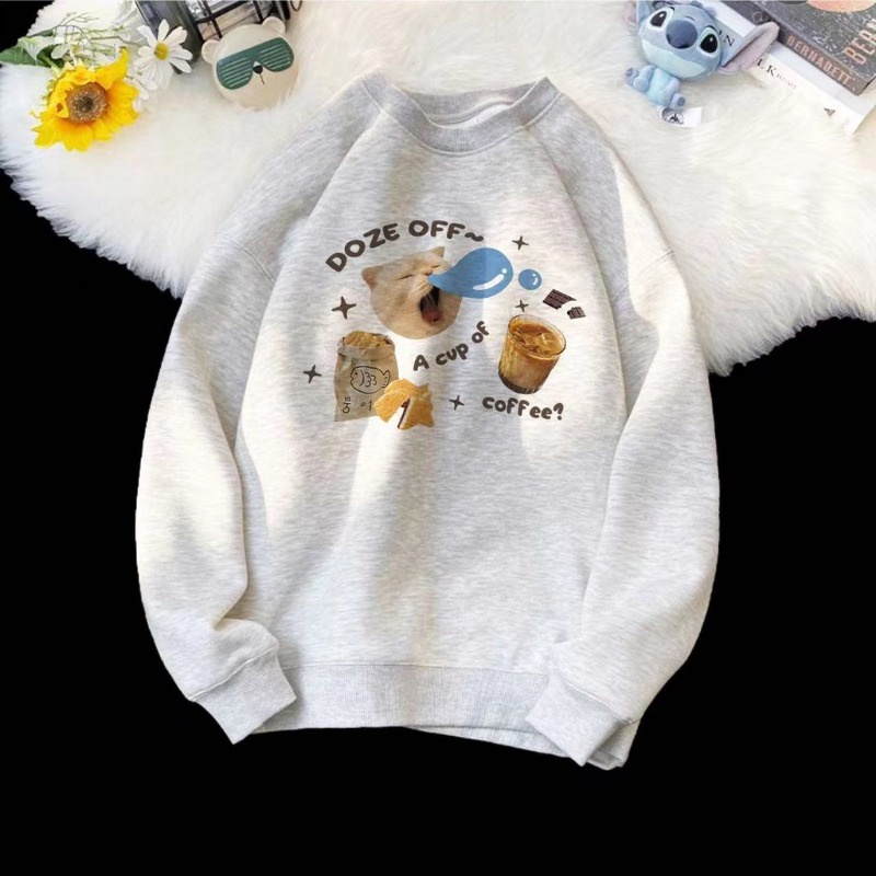 เสื้อกันหนาวแขนยาว คอกลม ทรงหลวม พิมพ์ลายแมวแฮมเบอร์เกอร์น่ารัก แฟชั่นฤดูใบไม้ร่วง สไตล์เกาหลี สําหรับผู้หญิง 2023 - รูปที่ 5