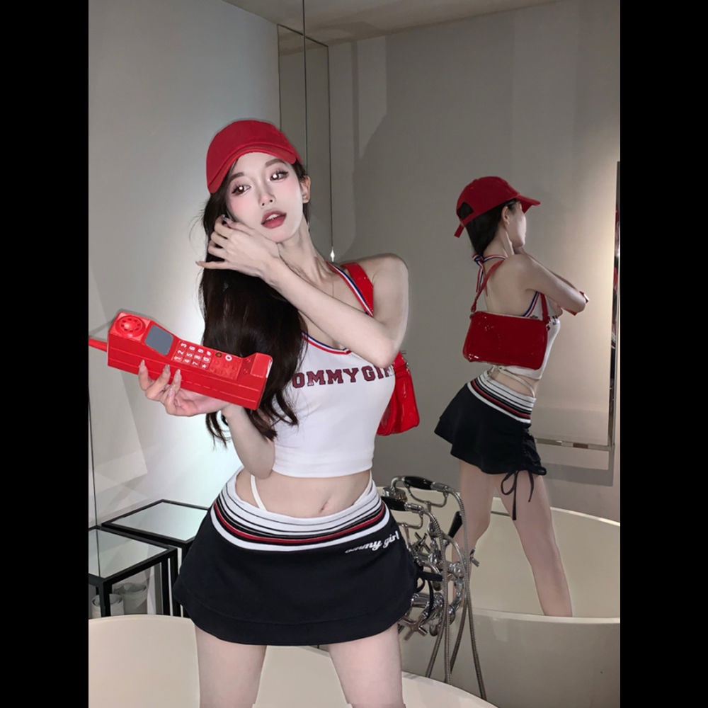 ชุดเซท2ชิ้น Pure desire สลิงเสื้อกั๊ก+กระโปรงสั้น กลวงกลับ เซ็กซี่ สไตล์สตรีทอเมริกัน สุดชิค แฟชั่นสไตล์เกาหลี