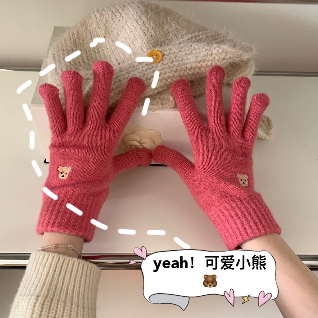 ถุงมือห้านิ้ว หน้าจอสัมผัส ลายการ์ตูนหมี ให้ความอบอุ่น เหมาะกับฤดูหนาว สําหรับเด็กผู้หญิง และนักเรียน