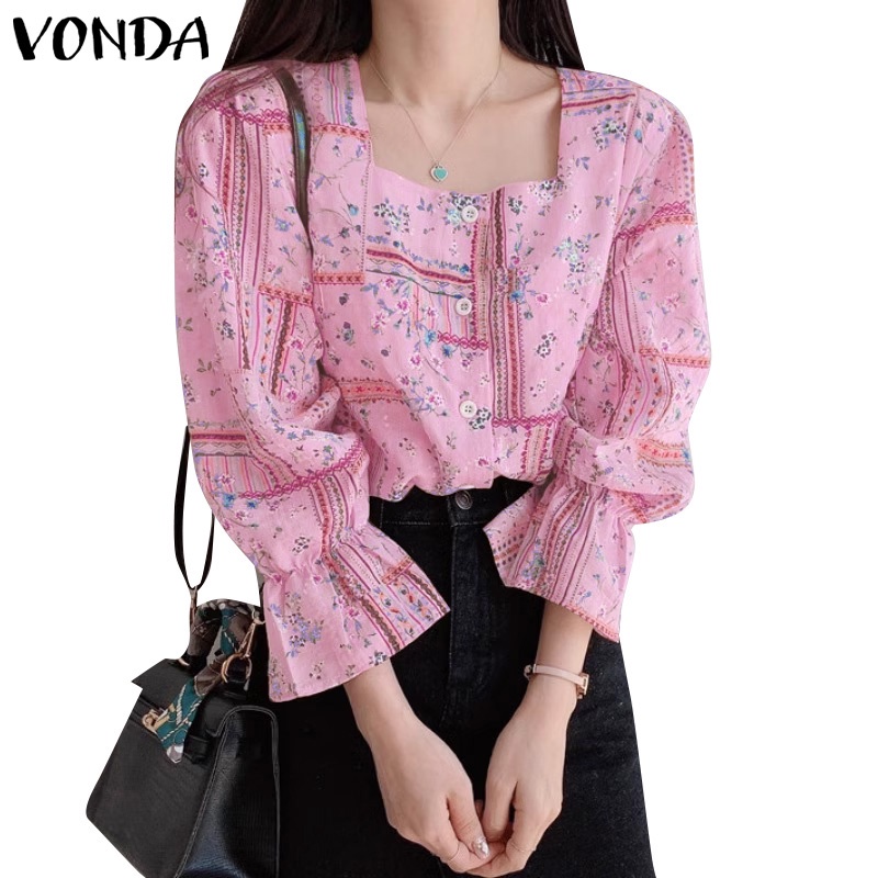 Vonda เสื้อเบลาส์ลําลอง คอสี่เหลี่ยม แขนแต่งระบาย พิมพ์ลาย สไตล์เกาหลี สําหรับผู้หญิง