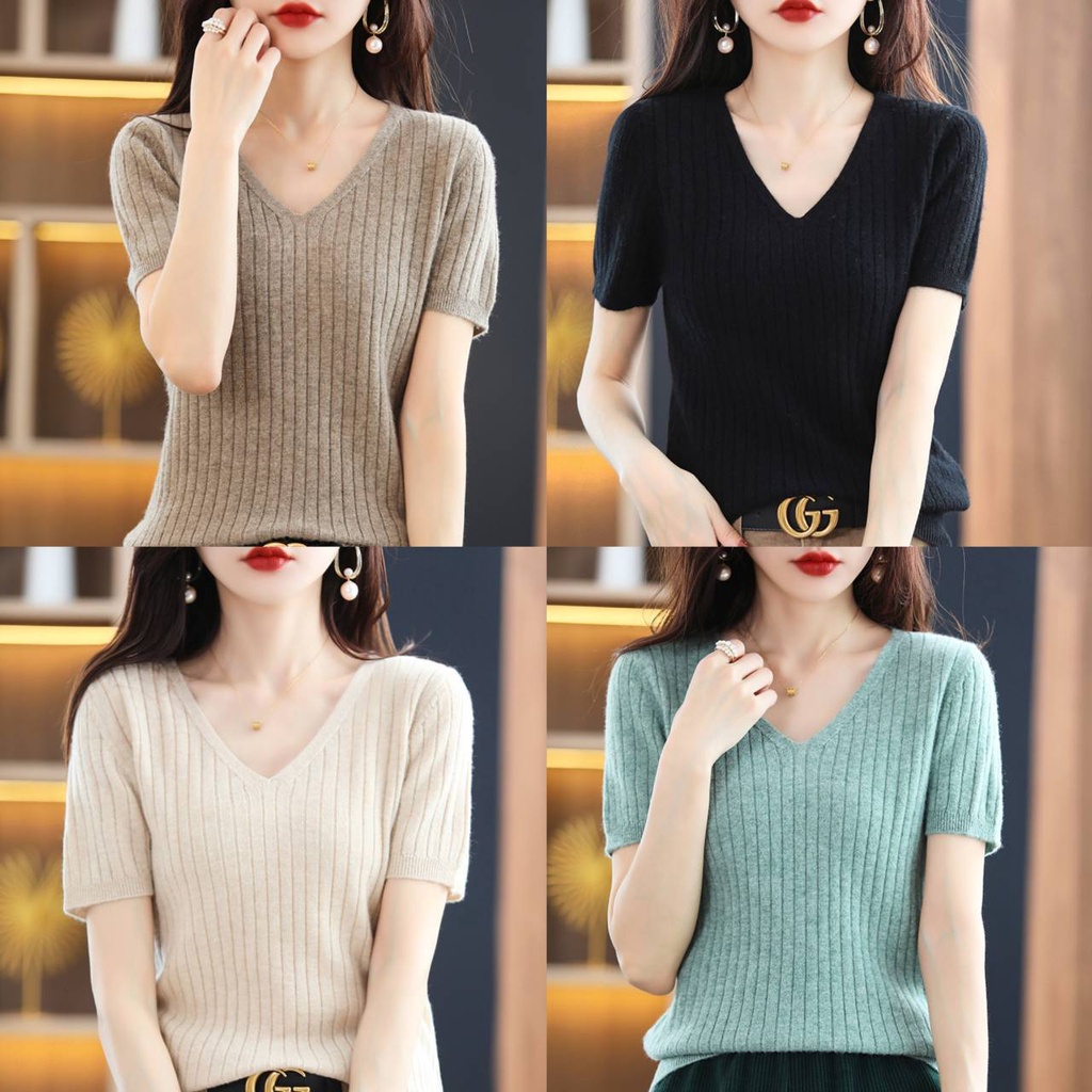 เสื้อแขนสั้นผู้หญิง แฟชั่นผู้หญิง ผ้านิ่มใส่สบาย คอวีลายทาง สไตล์เกาหลี