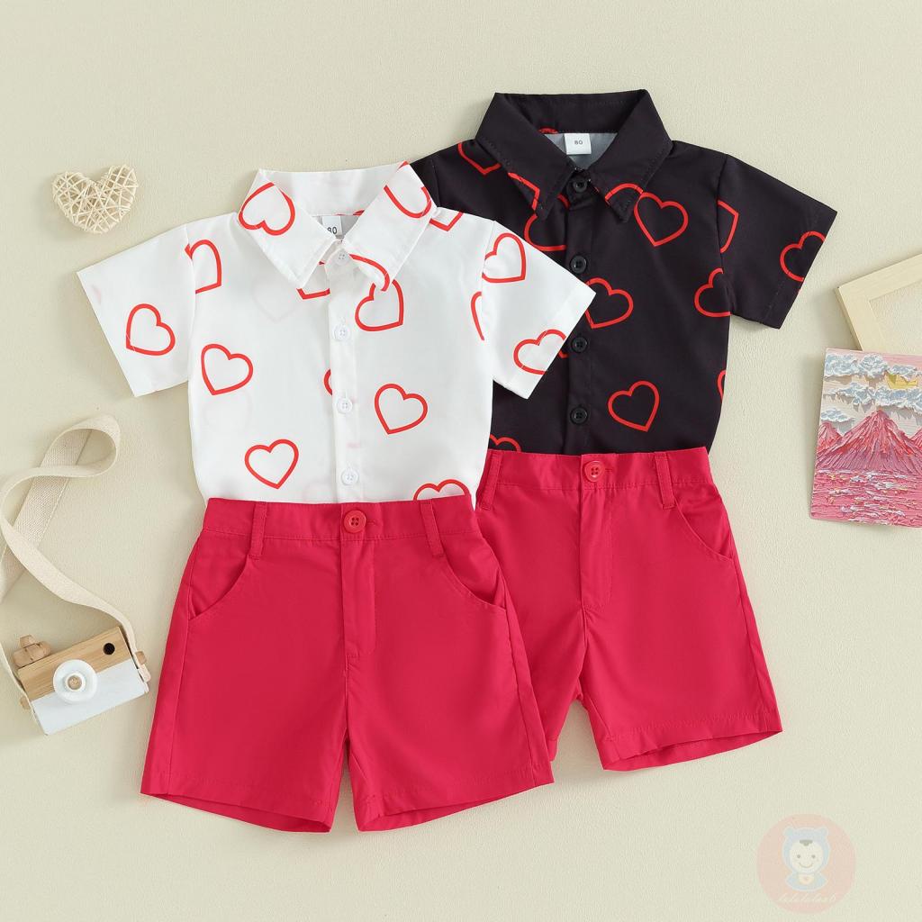 Laa6-baby Boy Valentines Day Short Sleeve Heart Print Shirt and Shorts Set