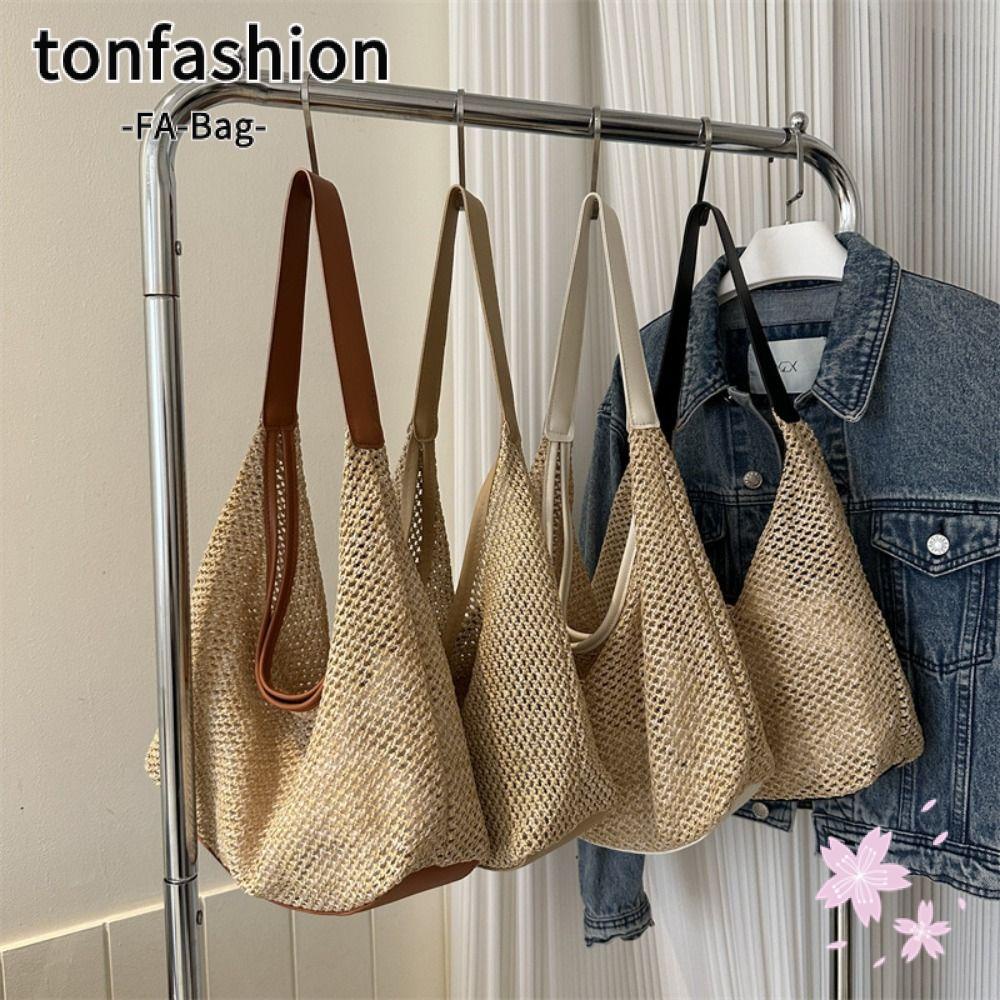 Tonfashion กระเป๋าสะพายไหล่ ทรงบักเก็ต ฟางสาน ความจุขนาดใหญ่ สีพื้น แฟชั่นสําหรับสตรี