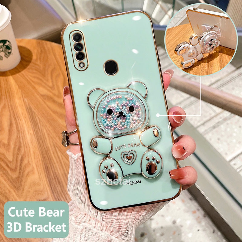 เคสโทรศัพท์ oppo a31 2020 redmi 10a เคสโทรศัพท์มือถือชุบนิ่ม ทรงสี่เหลี่ยม ลายหมีน่ารัก 3D พร้อมที่ตั้งวาง สําหรับ oppo a31 2020