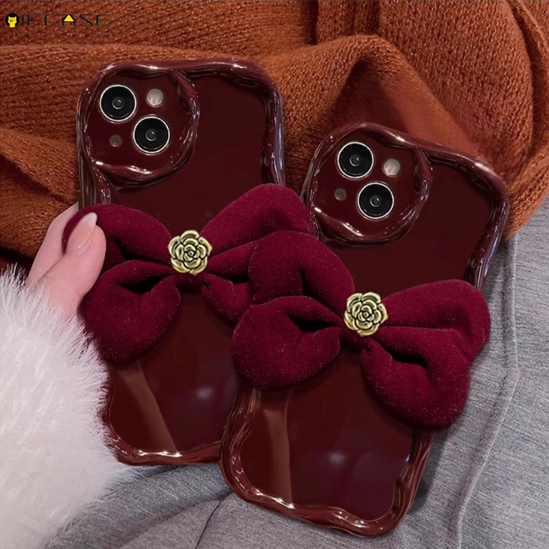เคสโทรศัพท์มือถือ ซิลิโคนนิ่ม ลายโบว์ สีไวน์แดง 3D สําหรับ OPPO Reno 10 9 8 8T 7Z 5G 7 Pro Plus 8Z Lite SE
