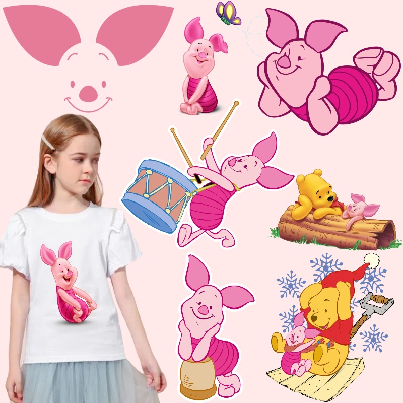 สติกเกอร์ ลายการ์ตูนดิสนีย์ หมูพูห์ สีชมพู คลาสสิก ซักทําความสะอาดได้ สําหรับตกแต่งเสื้อผ้าเด็ก DIY