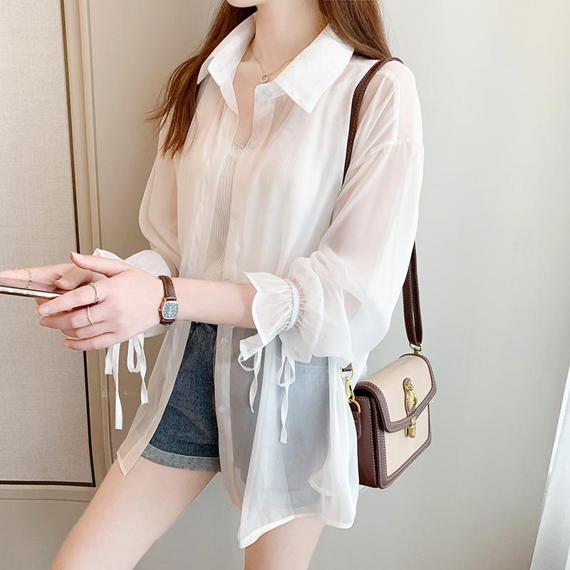 littlebee W290 ใหม่ เสื้อเชิ้ตแขนยาว ผ้าชีฟอง เสื้อเชิ้ตกันแดด แบบบาง ทรงหลวม แขนเสื้อผูกเชือก แฟชั่นสำหรับผู้ หญิง
