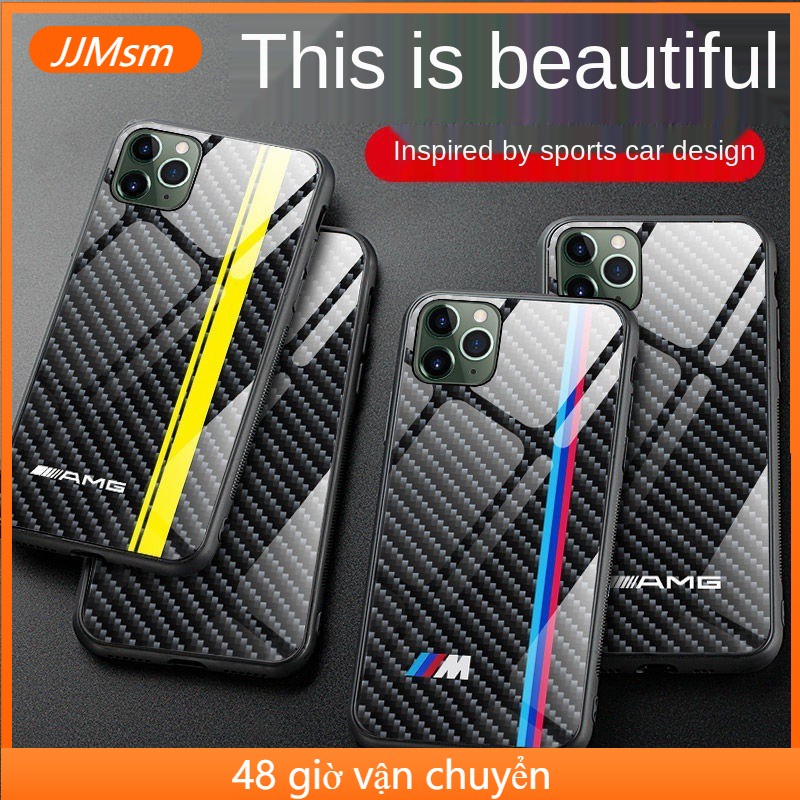 พร้อมส่ง เคสโทรศัพท์มือถือกระจกนิรภัย TPU PC แข็ง ลายโลโก้ BMW AMG RS คาร์บอนไฟเบอร์ สําหรับ iPhone 11 15 Pro 14 Promax 15 14 13 12 11 Promax Xs Xr 6 8 7 Plus 11 12