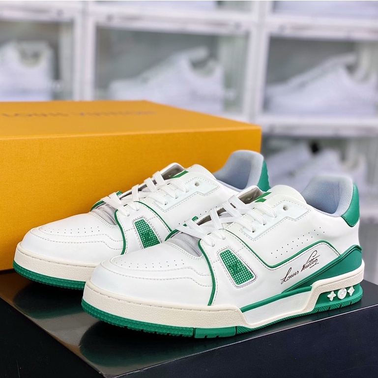 Louis Vuitton Trainer Sneaker Low "White/Green" Casual Shoes รองเท้าผ้าใบสำหรับผู้ชายผู้หญิง กีฬา