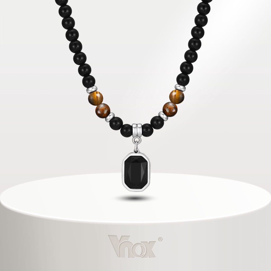 VNOX เครื่องประดับ สร้อยคอ จี้ลูกปัดอะคริลิค ทรงสี่เหลี่ยม ประดับเพทาย สีดํา เหมาะกับของขวัญ สําหรับผู้ชาย