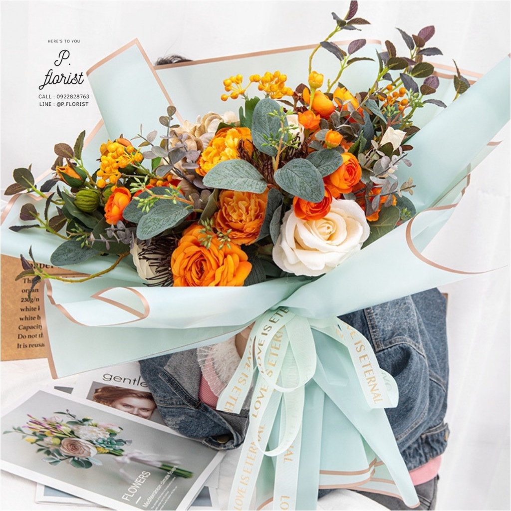 กระดาษฟลาวด์สีพื้นขอบทอง ขนาด 58x58 ซม. กระดาษห่อดอกไม้ กันน้ำ00%  แผ่นพลาสติกห่อดอกไม้ อุปกรณ์จัดช่อดอกไม้ ดอกไม้ปลอม