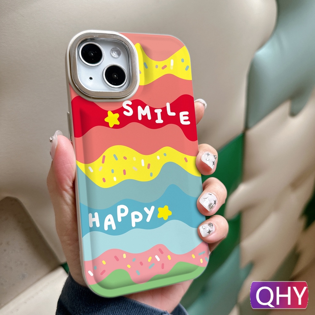 Qhy - เคสโทรศัพท์มือถือ แบบหนา กันกระแทก ลายหน้ายิ้ม สีรุ้ง สําหรับ iphone 15 14 7 8 plus xs XR 11 12 13 pro max