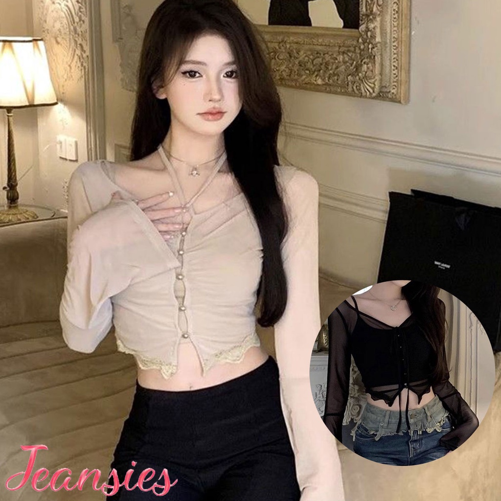 เสื้อครอปท็อปแขนยาว ผ้าตาข่ายซีทรู สีพื้น สําหรับผู้หญิง
