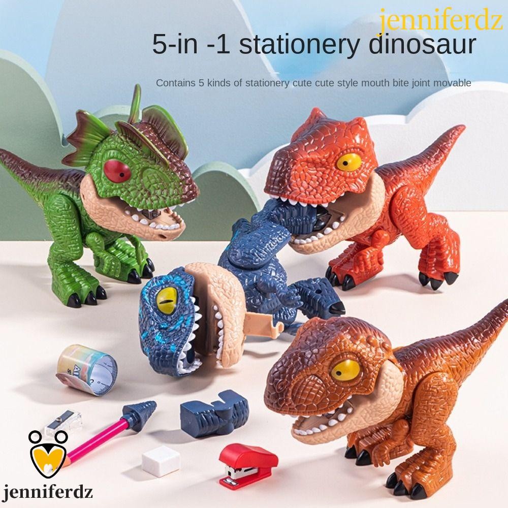 Jenniferdz ชุดเครื่องเขียนไดโนเสาร์ กบเหลาดินสอ ของเล่นการศึกษา 5 in 1 จําลองสูง T-Rex พร้อมเครื่องเย็บกระดาษ ของขวัญสร้างสรรค์
