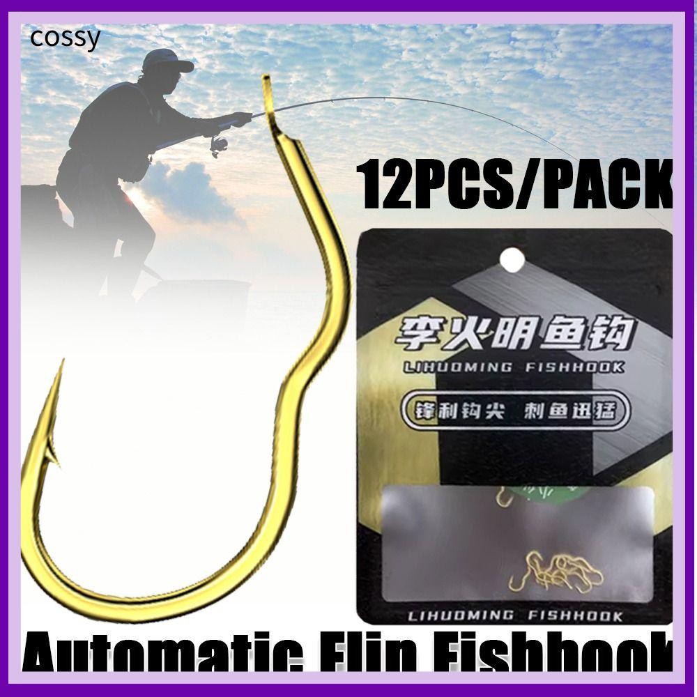 Cossy 12 ชิ้น/แพ็คอัตโนมัติ Flip Fishhook, Anti Slip เหล็กคาร์บอนสูงตะขอตกปลาทอง, อุปกรณ์ตกปลา Sharp Barbed Fishing Tackle