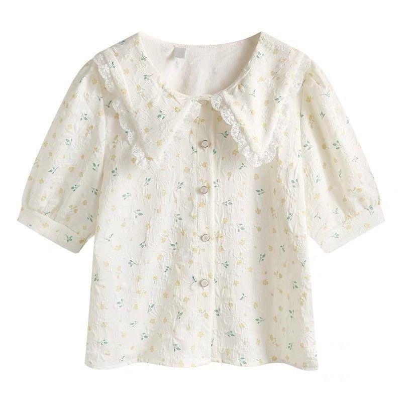 (ส่งจากไทย)เสื้อเชิ้ตแขนพองลายดอกแขนสั้นผู้หญิง รูปที่ 7