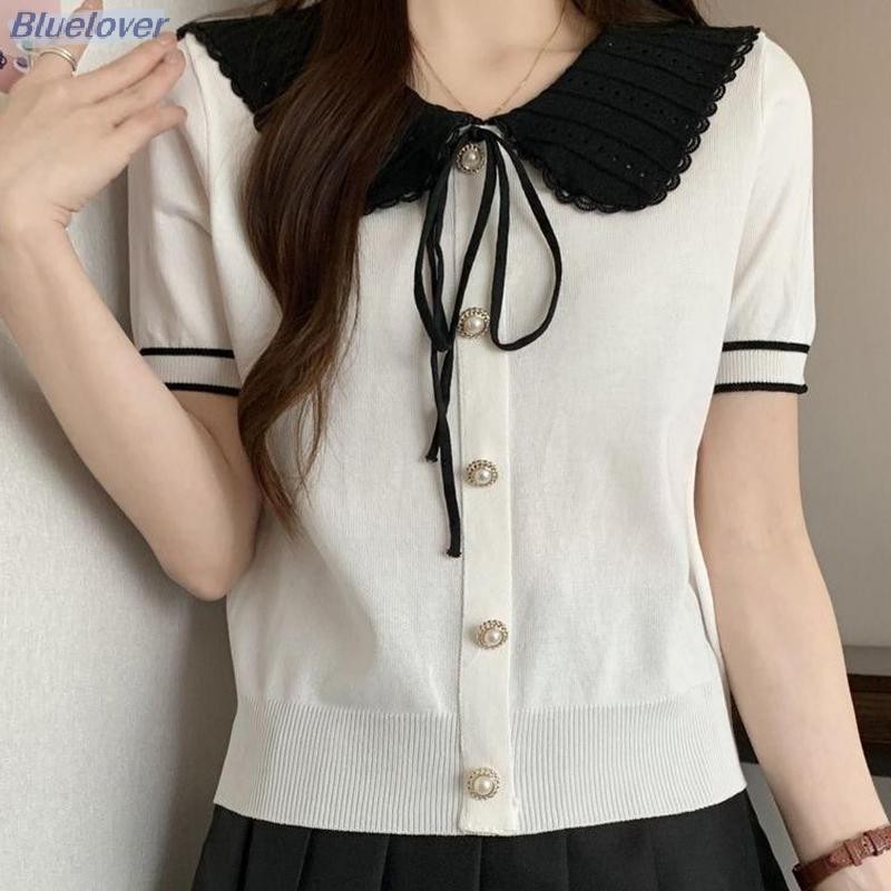 คนรักสีฟ้า ฤดูร้อนเกาหลีหวานโบว์ผูกนัวเนียตุ๊กตาคอปกแขนสั้นอเนกประสงค์เสื้อถักสําหรับผู้หญิงใหม่ - รูปที่ 6