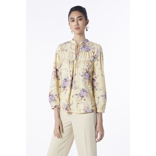 ESPADA เสื้อเบลาส์คอจีนลายฟลอรัล ผู้หญิง สีเบจ | Floral Print Mandarin Collar Blouse | 01038