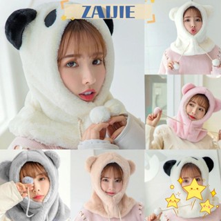 Zaijie24 หมวกผ้าพันคอ ผ้ากํามะหยี่ขนนิ่ม หนา กันลม ลายการ์ตูนแพนด้า เหมาะกับฤดูหนาว สําหรับผู้หญิง