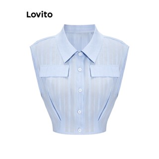 Lovito เสื้อเบลาส์ จับจีบ ปักลายดอกไม้ หรูหรา สําหรับผู้หญิง L62ED020 (สีฟ้า)