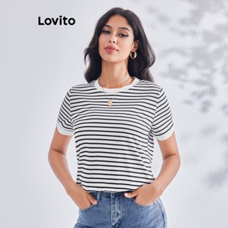 Lovito เสื้อยืดลําลอง ลายทาง บล็อกสี พื้นฐาน สําหรับผู้หญิง LBE03014 (สีดําและสีขาว)