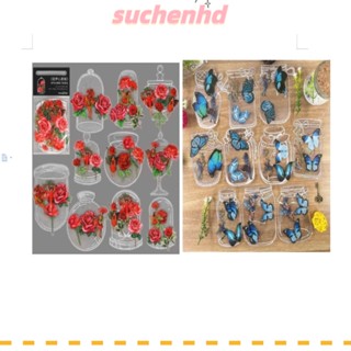 Suchenhd สติกเกอร์ PET ลายดอกไม้ สีแดง สีฟ้า สําหรับตกแต่งสมุดภาพ DIY 160 ชิ้น