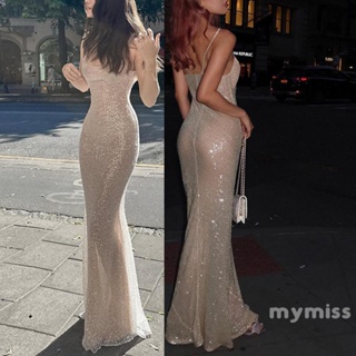 Mymiss1- ชุดเดรสยาว สายสปาเก็ตตี้ เปิดหลัง สีพื้น หรูหรา สําหรับผู้หญิง