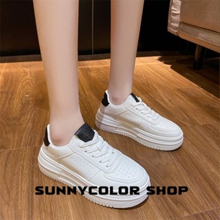 SUNNYCOLOR รองเท้าผ้าใบผู้หญิง สีขาว พื้นหนา รองเท้าผ้าใบส้นสูงส้นหนา รองเท้าแฟชั่น ผูกเชือก 2023 NEW FYD2390HAP 36Z230909