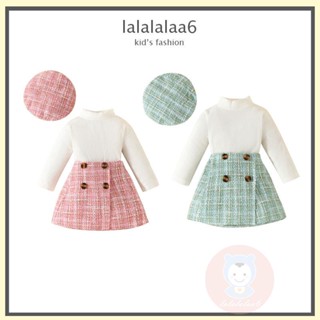 Laa6 ชุดเสื้อแขนยาว และกระโปรง ลายสก๊อต สีพื้น สําหรับเด็กผู้หญิง