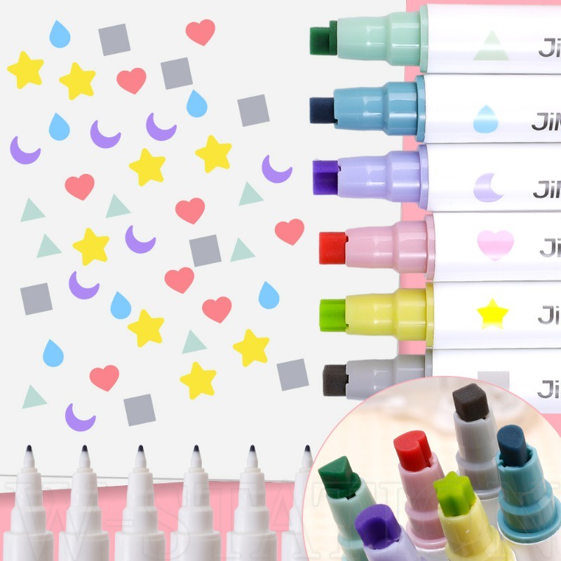 แสตมป์ 6 สี ปากกาไฮไลท์สองหัว / ปากกาสตาร์ฮาร์ทมูน สี่เหลี่ยม เรืองแสง / สมุดภาพนักเรียน ไดอารี่ ศิลปะ วาดภาพ ปากกามาร์กเกอร์ / อุปกรณ์เครื่องเขียน โรงเรียน