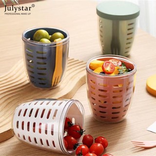 JULYSTAR ถ้วยผลไม้ระบายได้พร้อมส้อมกล่องปิคนิคแบบพกพาความจุขนาดใหญ่ถ้วยพลาสติกปิดผนึกกล่องสลัดป้องกันการรั่ว