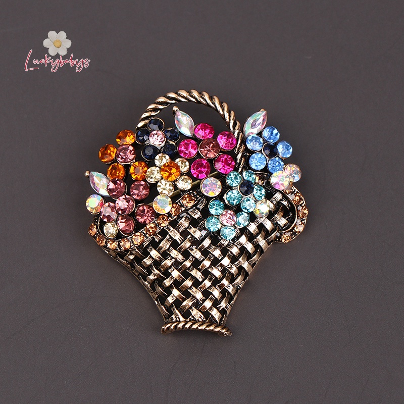 Luckybabys> ใหม่ เข็มกลัด รูปตะกร้าดอกไม้ ประดับพลอยเทียม หลากสี สไตล์วินเทจ เครื่องประดับแฟชั่น เสื้อโค้ท ของขวัญ