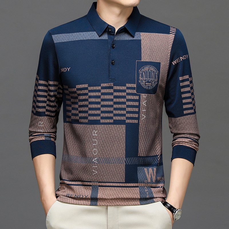 เสื้อยืดโปโล แขนยาว พิมพ์ลายตัวอักษร หรูหรา แบบสวมหัว แฟชั่นฤดูใบไม้ร่วง สําหรับผู้ชาย