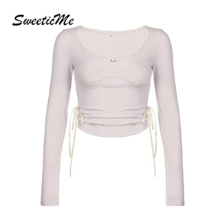 Sweeticme ใหม่ เสื้อยืดลําลอง แขนยาว คอกลม ผูกโบว์ สีพื้น แฟชั่นสําหรับสตรี 2023