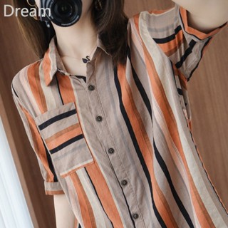 Womens cotton shirt design sense niche summer outer wear thin short-sleeved T-shirt loose all-match cotton and linen striped top for women