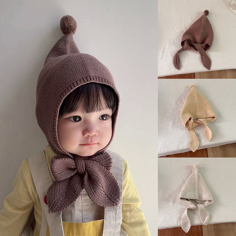 หมวกถักไหมพรม สีพื้น ป้องกันหู สําหรับเด็กทารกแรกเกิด