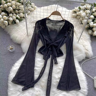 [Net Yarn Top] เสื้อแขนยาว ผ้าตาข่าย แบบผูกเชือก สีโปร่งใส สําหรับผู้หญิง