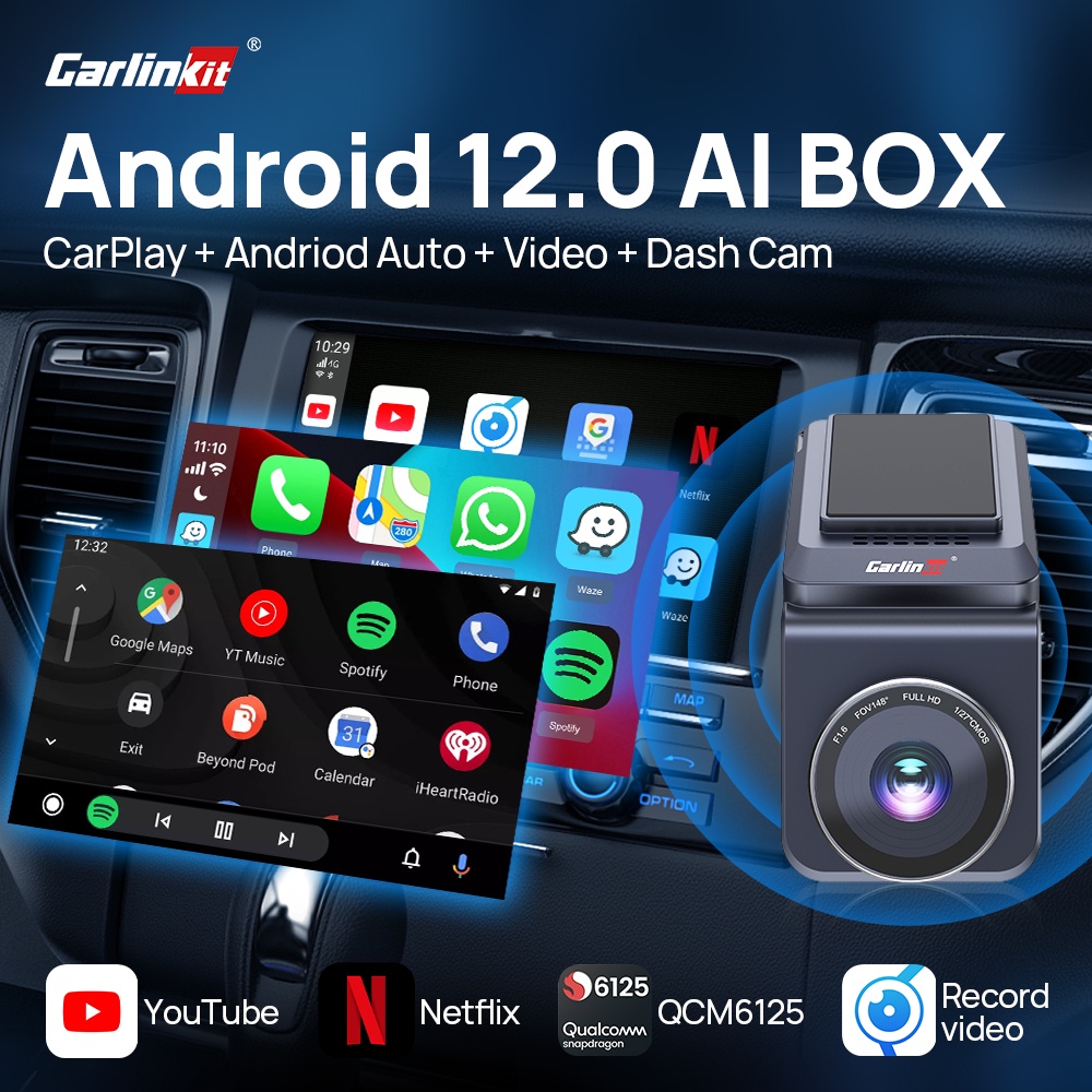 Carlinkit กล่อง CarPlay AI QCM6125 แอนดรอยด์ 12 Dash Cam ไร้สาย CarPlay Android Auto 5Ghz WiFi GPS 1080P YouTube Netflix Box 4G LTE
